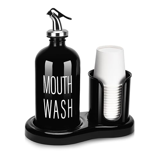 Glass Mouthwash Dispenser with Cup Holder BYAWAY Mouthwash Set for Bathroom 16 OZ Refillable Mouthwash Bottle Container with 14 Mouthwash Cups Funnel (Black)
